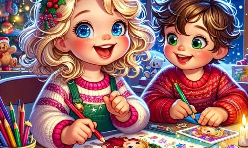 A 4-year-old girl named Lily, with sparkling blue eyes and curly blonde hair, is sitting at a colorful table surrounded by shiny papers and crayons. She has a big smile on her face, showing her joy and excitement as she creates a Christmas card. Next to her, her friend Max, a 5-year-old boy with messy brown hair and a red sweater, enthusiastically helps her. He holds shiny stickers and looks at Lily with admiration, ready to add his touch to the card. The scene takes place in a cozy room decorated with fairy lights and scattered toys, with an open window letting in softly falling snowflakes outside. Lily and Max are working together on the Christmas card, surrounded by bright colors and magic, while snowflakes dance around them, creating a festive and joyful atmosphere.