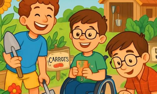 There are three characters: Jamie, an 11-year-old boy with curly hair and a big smile, wearing a blue t-shirt and yellow shorts, holding a shovel ready to plant flowers; Max, a 10-year-old boy in a wheelchair with glasses and brown hair, wearing a green t-shirt with robot designs, smiling while holding a small box of seeds; and Ethan, an 11-year-old boy with straight hair and glasses slipping down his nose, wearing a red plaid shirt and beige shorts, crouched down observing a ladybug on a leaf. The scene takes place in a vibrant community garden filled with rows of green vegetables, bright flowers, and tall sunflowers swaying gently in the wind. Wooden boxes filled with rich soil and hand-painted signs indicate various plants. In the background, there is a small wooden shed where gardening tools are neatly stored. The main action shows the three friends working together to plant flowers in the garden, with Jamie digging a hole, Max preparing to sow seeds, and Ethan marveling at a ladybug, all smiling and full of energy under a blue sky dotted with white clouds.