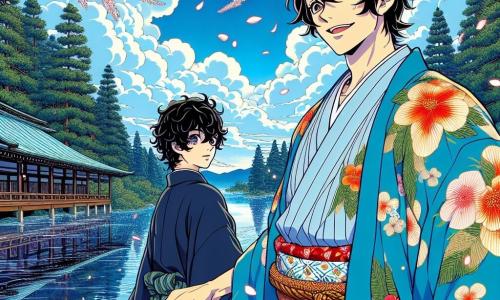 Um homem chamado Hiroshi, na casa dos trinta anos, está à beira de um lago cintilante, com o rosto sereno e sorridente, os olhos brilhando de curiosidade. Ele veste um quimono tradicional com estampas de flores de cerejeira, que flutua suavemente ao vento. Ao seu lado, Takumi, um jovem de 20 anos com cabelos negros e cacheados, observa o lago com admiração. Ele usa um yukata azul simples, com os ombros ligeiramente curvados pela fadiga, mas sua expressão é cheia de esperança e determinação. O cenário é uma paisagem encantadora do Japão antigo, com majestosos pinheiros ao redor do lago, suas ramas balançando suavemente. O céu é de um azul radiante, pontilhado de nuvens brancas e fofas, enquanto pétalas de cerejeira caem lentamente, criando uma atmosfera mágica. A cena principal mostra Hiroshi e Takumi se preparando para atravessar o lago, com os corações cheios de esperança, enquanto uma brisa suave faz a água ondular como um espelho, refletindo sua amizade e a beleza da natureza ao redor.