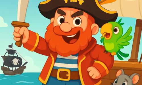 Um capitão pirata, um homem de rosto jovial com uma grande barba ruiva e um chapéu de pirata adornado com penas coloridas, está em pé no convés de seu navio, o Relâmpago do Mar. Ele tem um sorriso determinado e olhos brilhantes de excitação, brandindo uma espada de madeira com bravura. Ao seu lado, um pequeno papagaio de penas verdes e amarelas, chamado Paco, está empoleirado em seu ombro, rindo e fazendo caretas, enquanto uma pequena ratinha, Lili, com pelagem cinza e olhos travessos, mastiga um pedaço de queijo no convés, observando a cena com curiosidade. O local é um vasto oceano azul, com ondas brilhantes sob o sol, e o navio pirata está cercado por velas brancas flutuando ao vento. Ao fundo, um navio inimigo, o Barba-Cinza, aparece no horizonte, ameaçador, com velas negras e uma bandeira de caveira. A situação principal mostra o capitão Valente desafiando o pirata Barba-Cinza, pronto para defender seu tesouro, enquanto seus amigos, Paco e Lili, o encorajam com entusiasmo.