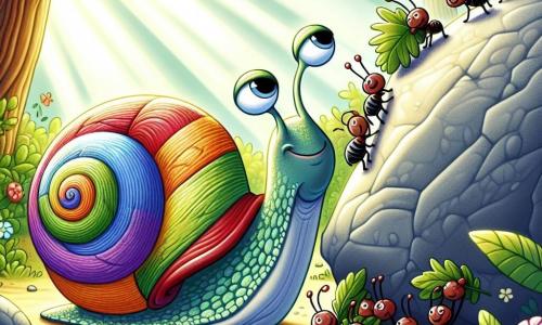 Um caracol chamado Carlinhos, com uma concha colorida em espiral e um rosto sorridente, observa com determinação uma grande pedra que bloqueia seu caminho. Seus olhos brilham de esperança enquanto ele pensa em uma solução. Perto dali, um grupo de pequenas formiguinhas trabalha em conjunto, cada uma carregando folhas e gravetos, com expressões concentradas em seus rostos. Elas são pequenas, mas seus esforços são visíveis enquanto se preparam para empurrar a pedra. A cena se passa em uma floresta encantada, cheia de flores vibrantes e árvores majestosas, com raios de sol filtrando através da folhagem. Carlinhos, determinado, pede ajuda às formiguinhas para mover a pedra que bloqueia seu caminho, ilustrando a importância da cooperação e da amizade.