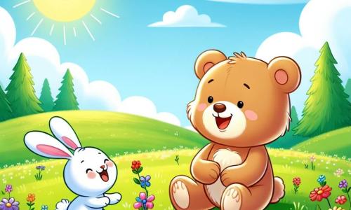 Een zachte, pluizige teddybeer met een lichtbruine vacht en een grote blije glimlach zit op een groene heuvel, omringd door kleurrijke bloemen. Hij kijkt verwonderd naar een klein konijn met grote oren en een zachte witte vacht dat vrolijk om hem heen springt, vol enthousiasme. De plek is een uitgestrekte zonnige weide, bezaaid met stralende bloemen in alle kleuren, onder een heldere blauwe lucht met enkele donzige wolken. In de verte zijn majestueuze bomen te zien en een zachte bries laat het hoge gras dansen. De hoofdscène toont de beer en het konijn die samen bloemen plukken, lachend en momenten van saamhorigheid delend, wat hun vriendschap en het belang van gelijkheid tussen alle dieren in het bos illustreert, ongeacht hun grootte of soort.