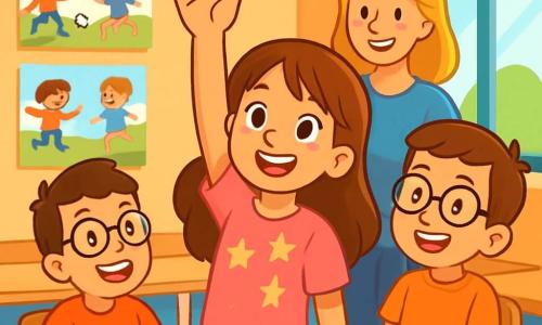 Una niña de 8 años, llamada Sofía, con largos cabellos castaños y ojos llenos de curiosidad, sonríe alegremente levantando la mano en un aula luminosa. Lleva una camiseta rosa con estrellas y unos jeans azules. A su lado, su amigo Luis, un niño de 8 años con cabello corto y gafas, la anima con una gran sonrisa, sentado en una silla de madera. El aula está llena de colores vivos, con carteles en las paredes que muestran dibujos de niños jugando juntos. Los escritorios de madera están dispuestos en círculo, y una gran ventana deja entrar la luz del sol, iluminando el espacio. Sofía y Luis discuten con entusiasmo las actividades que organizarán para ayudar a sus compañeros, mientras la maestra Clara, una mujer sonriente con cabello rubio y un suéter azul, los observa con benevolencia, lista para apoyarlos en su proyecto.
