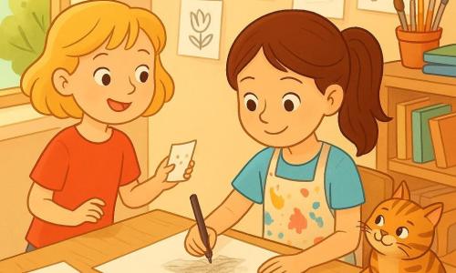 Sofia (circa 9 anni) è seduta a un grande tavolo di legno chiaro, concentrata e serena, capelli castani raccolti in coda, indossa un grembiule macchiato e disegna delicatamente a matita e carboncino su un grande foglio bianco; Marta (circa 9 anni) è in piedi a sinistra, curiosa e sorridente, capelli biondi corti, porge una piccola pagina a Sofia; il gatto tigrato Macchia è sul bordo destro del tavolo, rilassato con una zampa su alcune matite; l'atelier è una stanza luminosa con una grande finestra a sinistra che lascia entrare un raggio di sole, scaffali di legno con fogli e vasetti di pennelli e muri con disegni in bianco e nero; la scena ritrae un momento calmo e creativo con le bambine che disegnano insieme, fogli sparsi e morbide ombre della luce mattutina.