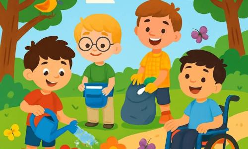 Ci sono 4 bambini: Marco, un ragazzo di 8 anni con capelli castani e occhi brillanti, indossa una maglietta rossa e pantaloni blu e annaffia i fiori; Luca, un ragazzo di 7 anni con capelli biondi e occhiali rotondi, indossa una maglietta verde e pantaloni beige e tiene un secchio d'acqua; Tommaso, un ragazzo di 9 anni con capelli castani e un grande sorriso, indossa una camicia a quadri e pantaloni corti e raccoglie rifiuti con guanti; Andrea, un ragazzo di 6 anni con capelli neri e occhi dolci, è in una sedia a rotelle colorata, indossa una maglietta azzurra e sorride guardando i suoi amici lavorare. Il luogo è un giardino lussureggiante, pieno di fiori colorati come rosso, giallo e viola, con alberi maestosi e un sentiero di ghiaia. I bambini si prendono cura del giardino: Marco e Luca annaffiano i fiori, mentre Tommaso raccoglie i rifiuti. Andrea, felice, li incoraggia con un grande sorriso, creando un'atmosfera di amicizia e gioia.