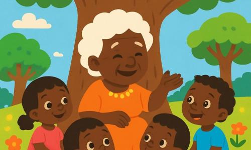 Nonna Amina è una donna anziana, con capelli bianchi come nuvole e un sorriso caloroso. È seduta sotto un grande baobab, circondata da bambini curiosi e meravigliati. I bambini, ragazzi e ragazze, hanno tra 5 e 8 anni, indossano vestiti colorati e hanno occhi brillanti di eccitazione. Il luogo è un prato soleggiato, pieno di fiori vivaci e alberi maestosi, con un cielo blu intenso sullo sfondo. Nonna Amina racconta una storia magica, i bambini seduti in cerchio attorno a lei, rapiti dalle sue parole, i loro volti illuminati dalla gioia e dalla meraviglia.
