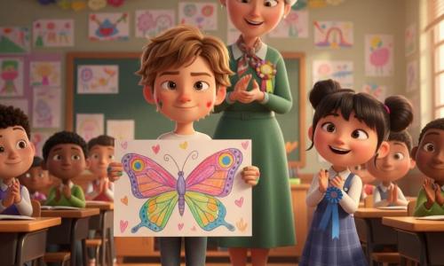 Un ragazzo di 10 anni, capelli castano chiaro spettinati e dita macchiate di pittura, sguardo vivace e sorriso timido ma determinato, tiene contro il petto un grande disegno colorato di farfalle; a destra Sofia, circa 10 anni, capelli neri a coppie, occhi ridanciani, applaude con un nastro blu in mano; la maestra, donna di circa 35 anni con capelli grigi raccolti in uno chignon, veste un abito verde e una sciarpa, è dietro i bambini sorridente e pronta a mettere una coccarda; la scena è in un’aula luminosa con grandi finestre, pareti coperte di disegni, banchi di legno, ghirlande di carta e caldi raggi di sole; il ragazzo presenta il disegno in piedi su un piccolo tappeto rosso al centro, luce soffusa su di lui, altri bambini sullo sfondo ammirano; atmosfera calda e rassicurante, colori vivaci e pastello, texture morbide, espressioni leggibili; inquadratura a mezza figura leggermente dal basso per rendere il ragazzo eroico ma infantile, profondità di campo dolce con dettagli nitidi sul disegno; stile 3D animato con tratti arrotondati, illuminazione cinematografica e finitura liscia e colorata.