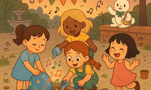 Ci sono cinque personaggi: Maia, bambina di 5 anni con capelli castani raccolti in codini, vestito azzurro chiaro, a sinistra, che posa le mani su un uovo musicale blu a pois dorati; Lina, 5 anni, capelli biondi sciolti, maglietta gialla a pois, a destra di Maia, inclinata con una bottiglietta d'acqua e sorridente; Sara, 5 anni, capelli rossi in treccia, salopette verde, accovacciata al centro che versa acqua con un bicchierino, occhi meravigliati; Ginevra, 5 anni, capelli neri corti, vestito rosa, in primo piano a destra, con un piccolo annaffiatoio giocattolo che applaude saltellando; e il Coniglio di Pasqua, coniglio bianco, papillon verde e piccola borsetta a tracolla con nastri, seduto su un muretto dietro le bambine che saluta con una zampa. Luogo: piccolo cortile di quartiere al crepuscolo, pavimentazione con aiuola centrale rettangolare di terra scura, muretto di mattoni bassi, bandierine colorate tra gli alberi, una fontanella a sinistra e alcuni vasi e attrezzi sparsi, luce calda e ombre lunghe. Situazione: le quattro bambine annaffiano un’aiuola ancora asciutta; l'uovo musicale al centro emette note visibili come piccole linee colorate e attorno spuntano minuscole foglioline e fiori, atmosfera gioiosa e magica, composizione centrata sul cerchio delle bambine attorno all’aiuola.