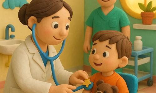 Médica sonriente y amable de cabello castaño en moño, rostro redondo y ojos grandes, con bata blanca y estetoscopio azul inclinada hacia el niño para escuchar su corazón; Tomás, de unos 4 años, cabello corto castaño, sentado en una silla colorida con su osito Bruno y mirada maravillada, toca el estetoscopio mientras recibe una estrellita adhesiva; el enfermero Pedro, adulto, alto y sonriente con uniforme verde, observa junto a un carro médico; sala pediátrica luminosa con paredes pastel y dibujos de animales, ventana circular con sol dorado, plantas en el alféizar, suelo suave y mesa con lavabo, jabón y toallas pequeñas; estilo de plastilina, colores vivos y contrastados, formas redondeadas y expresiones claras para niños pequeños.