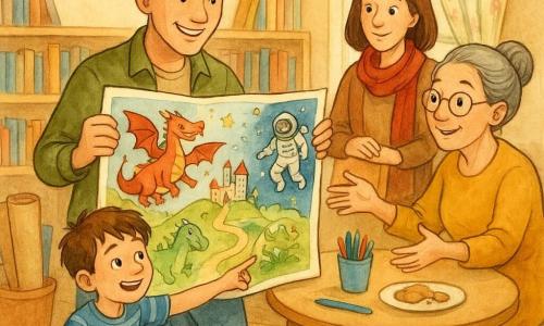 Tommaso, uomo sorridente e concentrato con capelli corti castani, giacca kaki e jeans, tiene con cura una grande mappa illustrata aperta; Lidia, bibliotecaria di circa 45 anni con capelli grigi raccolti e vestito senape, è seduta dietro un piccolo banco e porge la mappa con sollievo; Rachele, insegnante trentenne con sciarpa rossa e capelli castani sciolti, sta vicino a una scaffale, leggermente imbarazzata ma sollevata, mentre il bambino Leo, circa 8 anni con ginocchia sporche e maglietta a righe blu, è accovacciato su un tappeto a stelle e indica la mappa con eccitazione; scena in una piccola biblioteca per bambini luminosa con scaffali bassi in legno, barattoli di colori, tavolo con brioches schiacciate, grosso pastello blu, tenda a fiori, carta kraft su una sedia e poster di animali; Tommaso apre la "Mappa delle Storie" al centro di un cerchio di persone, la grande carta colorata mostra draghi sorridenti e astronauti, atmosfera calda e di sollievo, texture a inchiostro e acquerello, tratti netti e colori caldi.