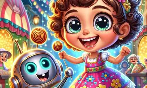 Una niña de 8 años, Lía, con cabello rizado y grandes ojos curiosos, está en el centro de la imagen, iluminada por una sonrisa de emoción. Lleva un vestido colorido con motivos florales y sostiene un caramelo brillante en su mano, flotando ligeramente sobre el suelo, como si estuviera a punto de volar. A su lado, un robot llamado Zippy, que parece un pequeño compañero metálico con engranajes visibles y ojos brillantes, realiza piruetas alegres, moviendo sus brazos en el aire. Al fondo, una anciana con un sombrero floral, de unos 70 años, sonríe cálidamente, rodeada de tarros de caramelos coloridos. El lugar es el Mercado Mágico, un sitio vibrante y animado, lleno de puestos decorados con luces brillantes y colores vivos. La escena principal muestra a Lía y Zippy jugando con un pequeño espíritu luminoso, creando una atmósfera de magia y amistad, mientras las risas llenan el aire, capturando la esencia de una aventura fantástica en el corazón de la ciudad.