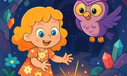 Una bambina di 6 anni, Lila, con occhi brillanti come laghi d'estate e capelli ricci dorati, si trova al centro della scena, il viso illuminato da meraviglia ed eccitazione. Indossa un vestito leggero a fiori e le sue mani sono tese verso un misterioso bagliore di luce. Accanto a lei, un gufo parlante di nome Ulisse, con piume viola e un piccolo cappello a punta, fluttua nell'aria, i suoi grandi occhi gialli fissi su Lila con benevolenza. La scena si svolge in una grotta magica, con pareti scintillanti di cristalli multicolori e fiori luminescenti che crescono tra le rocce. Lila, piena di coraggio, si prepara a raccogliere un frammento brillante del Cuore della Luce, che brilla intensamente a terra, illuminando il suo viso di una luce dorata. L'aria è carica di magia e avventura, e ogni dettaglio della grotta sembra raccontare una storia.