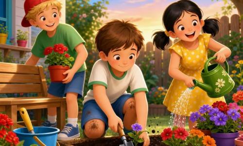 Um menino de 8 anos, tímido mas sorridente, cabelos castanhos curtos, com manchas de terra nos joelhos do short azul, segura uma pequena pá metálica e planta uma flor; à sua direita, Sofia, uma menina de 8 anos enérgica, cabelos pretos em rabo de cavalo, veste um vestido amarelo às bolinhas brancas e rega uma fila de vasos com um regador verde; à esquerda, outro menino de 9 anos, cabelos loiros e boné vermelho, segura um banco de madeira e um vaso vermelho. Cena num pequeno jardim de verão atrás de uma casa, solo escuro, borda de madeira clara, flores vivas e lanternas penduradas, crianças plantando ao pôr do sol com sorrisos, terra levemente levantada e gotas de água brilhando nas pétalas.
