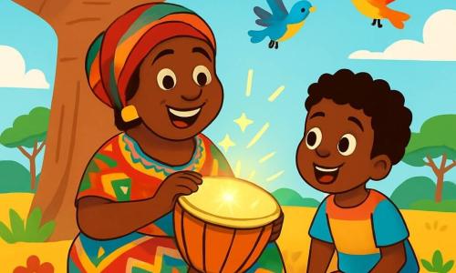 Mama Kora, una donna di mezza età con la pelle di un caldo marrone, indossa un vestito colorato decorato con motivi africani vivaci. Ha un grande sorriso che irradia curiosità e meraviglia, seduta sotto un maestoso baobab, tenendo un tamburo magico che brilla al sole. Accanto a lei, un ragazzo di circa 8 anni, con capelli crespi e occhi scintillanti, osserva con fascinazione. Indossa pantaloni corti di tessuto leggero e una maglietta dai colori vivaci, con le mani sulle ginocchia, impaziente di ascoltare la storia che Mama Kora sta per raccontare. Lo sfondo è una savana dorata, punteggiata di fiori brillanti e alberi verdi, con un cielo azzurro chiaro e alcune nuvole bianche che fluttuano. La scena principale mostra Mama Kora pronta a suonare il tamburo magico, circondata da bambini curiosi, mentre uccelli colorati volano attorno a loro, creando un'atmosfera gioiosa e misteriosa.