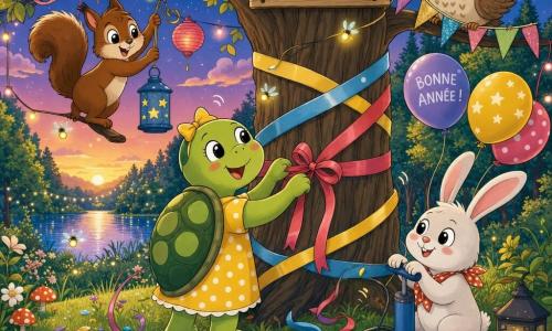 A personagem principal é uma pequena tartaruga antropomórfica, Lila, rosto sorridente, carapaça verde com manchas claras, vestido amarelo às bolinhas brancas, alegre e maravilhada, segurando fitas coloridas que prende em torno de um grande tronco; um personagem secundário é um esquilo castanho chamado Nico, olhos vivos e cauda espessa, malicioso, subindo numa rama à esquerda para pendurar guirlandas e lanternas; outro secundário é um coelhinho branco, Tico, orelhas longas rosadas e sorriso doce, enchendo balões à direita de Lila; Dona Coruja, coruja sábia e redonda de plumagem bege salpicada, olhar benevolente, segura bandeirolas brilhantes e pousa numa rama acima do grupo; o local é um bosque acolhedor ao crepúsculo, árvores de troncos texturados, folhagens verdes e douradas, clareira gramada com um lago brilhante ao fundo, guirlandas e vaga-lumes iluminando suavemente; a cena mostra uma festa de Ano Novo: animais decorando o tronco, fitas ao vento, lampiões suspensos, risos e atmosfera festiva, suave e colorida.