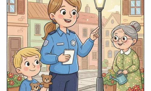 A kind, smiling policewoman with light brown hair in a ponytail, bright blue uniform and shiny badge, sparkling eyes, holding a small white notebook and pointing at a repaired streetlamp; Timmy, about six, short blond hair and curious wide eyes, holding a small stuffed toy, stands to her left; Mrs. Green, about 70, gray hair in a bun and a floral dress, waters flowers in a pot and smiles from the sidewalk in the background to the right; small-town late-afternoon street with light paving, sidewalk flower boxes in red and yellow, pastel houses with shutters, and a softly glowing modern lamp—a warm, bright, reassuring scene with soft colors and rounded shapes.