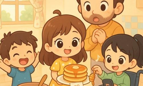 Quatro personagens: uma menina de 7 anos, cabelos castanhos lisos com uma mecha rebelde, olhos redondos brilhantes, vestido amarelo com bolinhas brancas, em pé ao centro segurando um prato de panquecas empilhadas e um bilhete; um menino de 7 anos, cabelos castanhos desgrenhados, camiseta azul e farinha no nariz, à esquerda levantando os braços e sorrindo; uma menina de 7 anos, cabelos pretos em rabo de cavalo, bata verde, em cadeira de rodas com autocolantes, à direita segurando um telemóvel com playlist e a adicionar mel numa panqueca; um homem adulto (pai) ~35 anos, barba por fazer, cabelo despenteado, suéter mostarda, atrás da cadeira central com as mãos no coração, emocionado. Local: pequena cozinha luminosa de paredes creme, azulejos coloridos, cortina-flor na janela, mesa de madeira clara com toalha, tigelas e farinha espalhada, frigideira no fogão e pote de mel dourado refletindo a luz. Situação: surpresa calorosa — as crianças ofereceram pequeno-almoço caseiro para o Dia dos Pais; panquecas empilhadas com fatias de banana e morango, migalhas e vestígios de farinha na mesa, telemóvel com ícone de música e notas flutuantes, ambiente suave e alegre em tons pastéis, sombras suaves e traços arredondados.