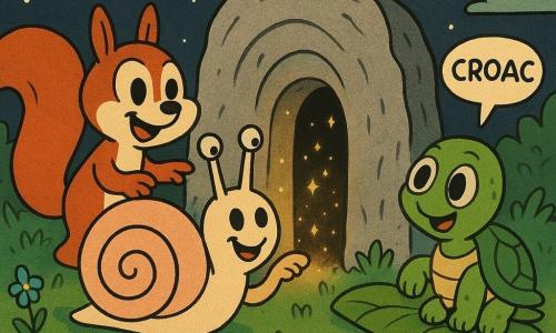 Un melc numit Sprint, rotund, cu cochilie în spirală bej-roz și față zâmbitoare, atinge cu piciorușul o piatră cu spirală sculptată; o veveriță roșcată, în picioare la stânga lui, râde și arată spre piatră; o broască verde, rotundă, stă pe o frunză lângă o băltoacă și se uită prietenește spre piatră; scena e o poiană cu iarbă cu rouă, ciuperci roșii cu pete albe și flori albastre, iar piatra gri se deschide ușor ca o ușă, dezvăluind un tunel îngust plin de licurici galbeni ca niște stele, noapte blândă cu lună argintie, culori vii, contururi rotunjite, texturi netede și lumină caldă în jurul tunelului, atmosferă magică și liniștitoare.