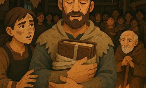 An adult man, Einar, stands center with a tired but relieved face, half-closed eyes and relaxed mouth, short brown hair and a full beard, torn wool coat and bandaged hands, holding a salt-wrapped ancient book to his chest; to his left Brynja, a young blackened-faced 20-year-old smith’s daughter in a forge outfit with a hammer at her belt, reaches toward the book with a worried but admiring expression; behind Einar by the hearth sits old Svan, about 70, wrinkled and kindly, a carved staff beside him, leaning forward in respect; several villagers — men and girls of varied ages — form a semicircle in the background, curious and attentive, some holding tools or children; the scene is inside a Viking longhouse with dark wooden beams, walls of bones and hides, large suspended pelts, a central fire with orange flames and sparks, rough wooden benches and shelves with ropes and nets; Einar has just returned and placed the sacred book on the table by the fire, the tension eased into a warm, humble atmosphere with firelight casting sharp shadows, visible snowflakes at a small window, and a sense of collective relief and renewed unity.