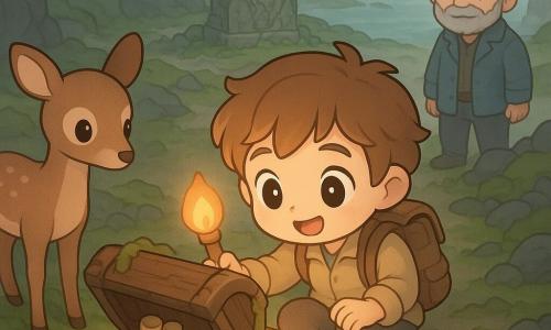 A young male explorer with a round smiling face, tousled light-brown hair and big bright eyes, amazed and determined, crouches holding a small torch as he opens an ancient moss-covered wooden chest; Jasper the watchman (~55) with a short gray beard and worn sea jacket stands on the beach in the background right watching from the shore; a delicate doe with gentle eyes stands left, attentive, nose toward the chest. Location: a coastal crater in a cliff with rocky ground and a mossy path, jagged stones, a central clearing with a vine-covered stone altar with carvings, light fog on the rocks and a small boat moored on the sand below. Moment: the chest reveals rolled scrolls, colorful herb vials and an illustrated book, warm torchlight contrasting with gray-blue fog; soft mysterious adventure mood, pastel colors, crisp outlines, rounded shapes, very kawaii.
