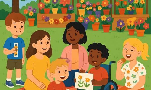 There are six people: Max (10), short brown hair, blue t-shirt, holding a colorful bookmark; Leo (9), messy blond hair, red t-shirt, holding a box of cookies; Sam (10), curly black hair, in a blue wheelchair wearing green pants, holding a garden drawing; Max’s mother (≈35), long brown hair, yellow dress, sitting on the blanket to the left; Leo’s mother (≈35), blond hair tied back, floral blouse, sitting to the right eating a cookie; Sam’s mother (≈35), mid-length black hair, pink light jacket, sitting near Sam admiring the drawing. Setting: an outdoor flower market with colorful stalls, rows of red, yellow, purple and orange pots, flower garlands, striped parasols, light cobbles and a large green lawn with a red-and-white checked picnic blanket. Main scene: a bright Mother’s Day picnic at the market where the three children present gifts (bookmark, cookies, drawing) to their mothers, wide smiles, flowers in the background, centered composition, vivid colors and simple shapes.