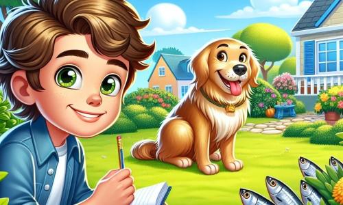 Un niño de 12 años, llamado Tomás, con el cabello castaño alborotado y ojos llenos de curiosidad, está sentado en la hierba verde de un jardín soleado, sosteniendo un bloc de notas y un lápiz, con una gran sonrisa en el rostro, listo para resolver un misterio. A su lado, su fiel perro Rufus, un labrador de pelaje dorado, está de pie, con las orejas levantadas y la lengua afuera, mostrando una expresión entusiasta y traviesa. El jardín está lleno de flores coloridas, arbustos frondosos y un gran árbol de follaje denso, creando una atmósfera alegre y acogedora. En el fondo, se puede ver una casa acogedora con contraventanas azules, y el cielo es de un azul brillante salpicado de algunas nubes blancas esponjosas. La escena principal muestra a Tomás y Rufus en plena investigación, observando atentamente a un grupo de gatos que se reúnen alrededor de un banco en el parque, compartiendo sardinas, mientras Bigotes, el gato de la vecina, se presenta orgullosamente ante ellos, como un verdadero líder de la pandilla.