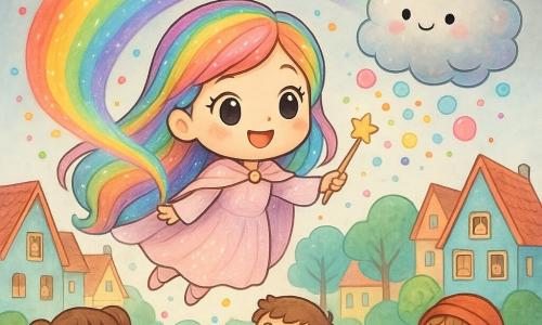 Glitzerfee, eine fröhliche, wohlwollende Frau mit langen, sehr glänzenden regenbogenfarbenen Haaren und hellrosa funkelndem Umhang, fliegt vornübergebeugt und schwingt einen Zauberstab, der bunte Farbspuren hinterlässt; Plüsch, ein schüchternes, flauschiges Wolkengeistchen in perlgrau mit pastelligen Schimmern und kleinen runden Händen, schwebt neben ihr und lässt farbene Seifenblasen platzen, die zu Konfetti werden; Zwitscher, ein kleiner leuchtend blauer Vogel, sitzt auf Glitzerfees rechter Schulter, schlägt mit den Flügeln und blickt neugierig; unten stehen drei Kinder und schauen nach oben — ein fünfjähriges Mädchen mit Zöpfen und gelbem Kleid, ein sechsjähriger Junge in grüner Latzhose und ein vierjähriges Mädchen mit rotem Hut — sie springen und klatschen vor bunten Spitzdachhäuschen auf dem gepflasterten Marktplatz von Funkelhausen, wo papierblattartige Bäume stehen und der Himmel um die Farbspuren von grau zu blau wechselt; Glitzerfee und Plüsch verteilen Farbe über die Stadt, leuchtende Farbbänder regnen sacht herab, während die Kinder lächeln und Nachbarn aus den Fenstern schauen.