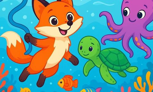 Un pequeño zorro de pelaje naranja brillante, con ojos chispeantes de curiosidad y una sonrisa alegre, nada en aguas cristalinas, sosteniendo un largo lazo azul que flota detrás de él. Junto a él, una tortuga verde de caparazón brillante, con una mirada amistosa y serena, lo acompaña nadando lentamente, mientras un pulpo de tentáculos coloridos, con una expresión traviesa, se acerca para ayudarlos a explorar. El fondo marino está lleno de corales multicolores, peces de escamas brillantes y plantas acuáticas danzantes, creando un paisaje submarino vibrante y mágico. La escena muestra al zorro y sus amigos descubriendo la belleza del mundo submarino, con el lazo azul flotando suavemente en el agua, mientras observan los peces que nadan a su alrededor, llenos de asombro y alegría.
