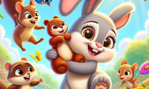 Un pequeño conejo llamado Coco, con un pelaje suave y sedoso de color gris claro, grandes orejas caídas y ojos redondos y brillantes, mira con curiosidad y una ligera sonrisa. Sostiene firmemente su pequeño oso de peluche marrón, que tiene una cara amigable y brazos abiertos. A su lado, una pequeña ardilla llamada Lila, con un pelaje rojo vivo y una cola esponjosa, salta alegremente, con sus ojos brillando de felicidad. Un pequeño ratón llamado Tito, con un pelaje beige y orejas grandes y puntiagudas, se queda un poco atrás, sonriendo con un aire juguetón, mientras un ave colorida llamada Roco, con plumas amarillas y azules, vuela sobre ellos cantando alegremente. La escena se desarrolla en un prado verde, lleno de flores brillantes de todos los colores, bajo un cielo azul claro con nubes blancas y esponjosas. Los rayos del sol iluminan el paisaje, creando un ambiente cálido y acogedor. Coco, rodeado de sus amigos, juega y se divierte, olvidando sus miedos, mientras saltan y ríen juntos en el prado, celebrando la amistad y el coraje.
