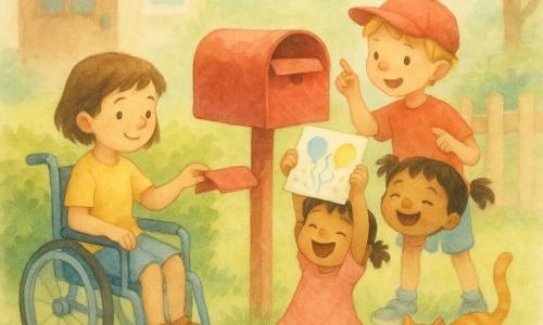 Drie kinderen: Lotte, meisje 8 jaar met kort bruin haar, zit in een kleine blauwe rolstoel links en opent de rode brievenbus met één hand terwijl ze zacht glimlacht; Milan, jongen 7 jaar met rood petje en blond haar, staat rechts achter de brievenbus en wijst enthousiast naar de gevonden kaart; Mila, meisje 4 jaar met staartjes, staat middenvoor en springt blij met beide armen omhoog terwijl ze een verkreukelde verjaardagskaart met blauw‑gele ballonnen vasthoudt. Voor het huis een klein groen gazon met lage haag en lichte houten schutting, ritselende bladeren, zachte namiddaglicht, en een roodbruine kat die tussen de voeten van de kinderen langssluipt. De kinderen vinden samen de licht gekreukelde verjaardagskaart in de brievenbus; vrolijke, pasteltinten, zachte aquarelstijl en lichte schaduwen.