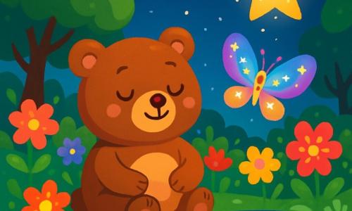 Un piccolo orso bruno, dolce e rotondo, con un sorriso sereno sul viso, è seduto sul bordo di un laghetto scintillante, circondato da fiori vivaci. Chiude gli occhi, respirando profondamente, e sembra sereno e rilassato. Accanto a lui, una farfalla luminosa, con ali multicolori che brillano come stelle, vola dolcemente nell'aria. Più lontano, una stella scintillante scende dal cielo, con un bagliore caldo, come se volesse unirsi all'orso nel suo sogno. Il luogo è un giardino segreto, pieno di fiori dai colori vivaci, con alberi maestosi che danzano dolcemente al vento. Il laghetto è circondato da ciottoli lisci e brillanti, che riflettono la luce delle stelle. In questa scena, l'orso si prepara a tuffarsi in un sogno dolce e rilassante, guidato dalla farfalla e dalla stella, creando un'atmosfera di calma e benessere.