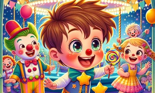 Un bambino di 3 anni, Leo, con i capelli castani in disordine e occhi scintillanti di gioia, tiene un lecca-lecca a forma di stella e sorride, in piedi al centro di un giardino magico. Accanto a lui, Pino, un clown allegro di circa 30 anni, con un naso rosso e capelli colorati, fa gesti divertenti per intrattenere Leo. Più lontano, Mia, una bambina di 5 anni con lunghi capelli biondi intrecciati e un vestito colorato, lancia un pallone in aria, ridendo con entusiasmo. Il giardino è pieno di festoni colorati, palloni multicolori e luci scintillanti, creando un'atmosfera festosa. In fondo, un grande carosello gira lentamente, illuminato da luci decorative. La scena principale mostra Leo, meravigliato, che gioca con i suoi nuovi amici, ridendo e correndo tra i palloni, mentre il clown Pino fa smorfie e Mia lancia il suo pallone in alto, tutti condividendo un momento di felicità e amicizia nel cuore del carnevale.