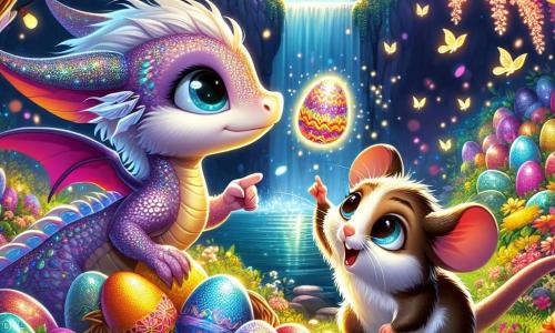 Un giovane drago di nome Lilli, con squame scintillanti dai colori dell'arcobaleno, esprime grande curiosità e meraviglia mentre scopre un giardino magico pieno di uova di Pasqua fluttuanti. Accanto a lui, Pip, un piccolo ghiro dagli occhi brillanti e pelo marrone, mostra un mix di eccitazione e stupore, indicando un uovo colorato che brilla al sole. Il giardino è incantevole, con fiori multicolori, alberi dalle foglie dorate e una cascata melodiosa sullo sfondo, creando un'atmosfera da favola. Lilli e Pip esplorano questo giardino segreto, meravigliati dalle storie che prendono vita intorno a loro, mentre bolle di luce fluttuano nell'aria, aggiungendo un tocco di magia alla loro avventura.