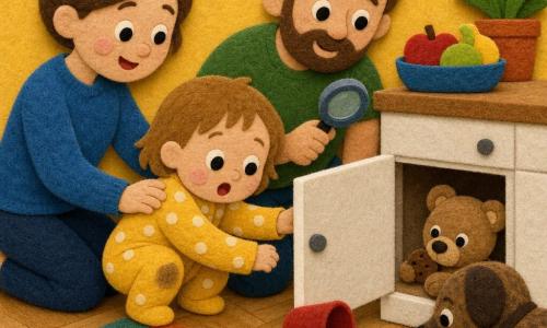 Bambina di circa 2 anni, capelli castano chiaro corti, occhi tondi, guance rosate, sorriso stupito, in body giallo a pois bianchi, accovacciata mentre apre una piccola anta bassa e scopre il suo orsetto di peluche marrone chiaro che tiene un pezzetto di biscotto; madre intorno ai 30 anni a sinistra con capelli raccolti e maglione blu, mano sulla spalla della bambina, sguardo benevolo; padre intorno ai 35 anni dietro inginocchiato con barba leggera e t-shirt verde che tiene una lente giocattolo; cane tigrato marrone a destra che annusa il pavimento; ambiente angolo cucina-soggiorno con parquet chiaro, mobiletto basso bianco, tazza rossa rovesciata vicino all'anta, biscotti spezzati e tappeto con motivi geometrici colorati; atmosfera gioiosa, colori caldi, texture morbide e forme semplici adatte ai più piccoli.