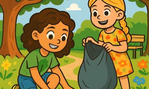 Una niña de 12 años, Ana, con cabello castaño y rizado, lleva una camiseta verde con un dibujo de un árbol y un short de mezclilla. Tiene una sonrisa decidida y ojos brillantes de curiosidad. Ana está agachada recogiendo basura en un parque soleado, rodeada de flores coloridas y árboles majestuosos. A su lado, su mejor amiga Luna, también de 12 años, tiene el cabello rubio trenzado y lleva un vestido con estampado floral. Sostiene una gran bolsa de basura y mira a Ana con una sonrisa entusiasta, lista para ayudar. El parque es verde, con árboles frondosos, bancos de madera y un pequeño camino serpenteante. Los rayos de sol atraviesan las ramas, iluminando el suelo cubierto de flores silvestres. Ana y Luna están en plena acción, decididas a limpiar el parque y concienciar a sus amigos sobre la protección del medio ambiente. Los pájaros cantan en los árboles, añadiendo vida a esta escena alegre e inspiradora.