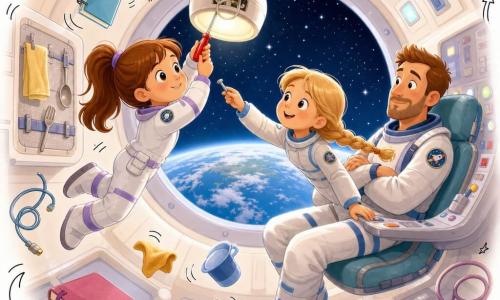Lina è una giovane astronauta dal viso rotondo e capelli castani raccolti in coda, concentrata e sorridente mentre con un piccolo cacciavite rosso ripara una lampada sospesa che fluttua; Sofia, compagna di squadra dall'apparenza di 8–10 anni con treccia bionda, le porge una vite fluttuando vicino al pannello di controllo; il capitano, uomo di circa 35 anni con una leggera barba, seduto presso il grande oblò, dice "Pronti, partenza, via!" con aria benevola; l'interno della navicella è rotondo e luminoso, pareti metalliche pastello, pulsanti colorati, cavi e quaderni che fluttuano, piccoli asciugamani e utensili fissati con velcro; attraverso l'oblò si vede la Terra lontana, blu e bianca, e un cielo stellato; l'atmosfera è di lavoro di squadra calma e gioiosa, con oggetti che fluttuano dolcemente, colori caldi e texture morbide in stile infantile rassicurante.