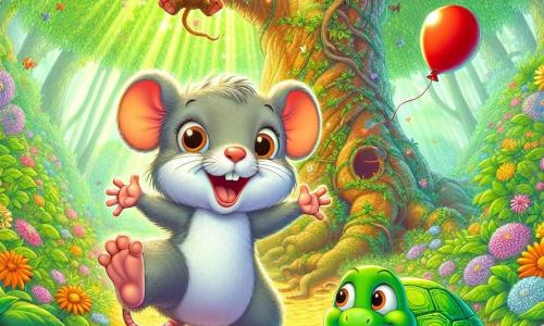 Ein kleiner Ratte namens Ralf, mit weichem grauem Fell und großen, neugierigen Augen, springt vor Freude vor einem riesigen Baum mit funkelnden Blättern, ein breites Lächeln auf seinem Gesicht. Neben ihm beobachtet eine niedliche Schildkröte namens Tina, mit einem grünen Panzer und schelmischen Augen, begeistert, während ein frecher Affe namens Max, mit braunem Fell und lächelndem Gesicht, sich von einem Ast über ihnen schwingt und einen roten Ballon hält. Der Ort ist ein bunter Grüngarten, gefüllt mit leuchtenden Blumen und Sonnenstrahlen, die durch die Blätter filtern und eine magische Atmosphäre schaffen. Die Hauptsituation zeigt Ralf, Tina und Max, die gemeinsam eine geheimnisvolle Tür im Stamm des großen Baumes entdecken, voller Aufregung und Lachen, bereit, in eine Welt voller lustiger Abenteuer einzutreten.