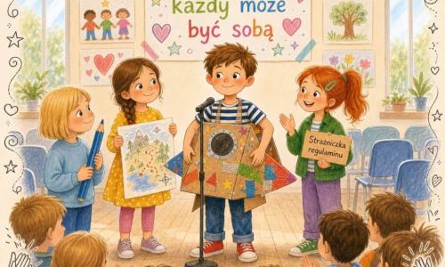 Są 4 postacie: Maja, dziewczynka 9 lat: brązowe półdługie włosy w luźnym warkoczu, żółta sukienka w białe kropki, trzyma małą kartę z napisem „plan”, stoi po lewej od Adama i uśmiecha się do niego; Lena, dziewczynka 9 lat: blond bob, błękitna bluza, trzyma duży niebieski ołówek, stoi bardziej z przodu po lewej i kibicuje Adamowi; Hania, dziewczynka 9 lat: rude włosy w kucyku z dużą wsuwką, zielona kurtka, trzyma tabliczkę „Strażniczka regulaminu”, stoi po prawej od Adama nieco z przodu i głośno klaszcze; Adam, chłopiec 9 lat: krótkie jasnobrązowe włosy, pasiasty T-shirt, trzyma duży kartonowy statek kosmiczny ozdobiony kolorowym papierem i taśmą, stoi na środku przed mikrofonem, lekko speszony, ale dumny. Miejsce: jasna szkolna hala z jasną drewnianą podłogą, rzędami krzeseł, dużymi oknami i ścianami z kolorowymi plakatami; widoczny duży plakat „Szacunek — każdy może być sobą” otoczony doodlami serc i gwiazdek. Sytuacja: Adam stoi na małym podium i pokazuje swój statek przy mikrofonie, trzy dziewczynki stoją blisko i wspierają go, publiczność w tle zaczyna klaskać; kompozycja skupiona, ciepłe wyrazy twarzy, żywe kontrastowe kolory, widoczne tekstury papieru i kredki oraz unoszące się doodle (gwiazdki, klaszczące dłonie, małe serca).