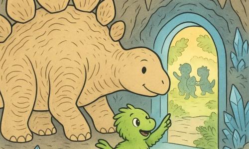 Ein massiver, sanfter Stegosaurus, wohlwollend und entschlossen, mit großen runden, strukturierten Rückenplatten und runziger, welliger Haut, lehnt behutsam eine Platte an eine leuchtend blaue Lichttür und blickt aufmerksam darauf; ein kleiner grüner Dino-Küken namens Pico, aufgeregt und erleichtert mit flauschigem Gefieder und glänzenden runden Augen, springt bei den Beinen des Stegosaurus und zeigt auf die Tür; Picos Familie im Hintergrund, freudige Silhouetten, die aus einem hellen Garten durch die angelehnte Tür treten, inklusive kuschelnder Jungdinos und einer schuppigen Großmutter, winkend; die Szene spielt in einer kleinen Kristallhöhle mit facettierten Kristallen, Stalaktiten, Moos, Farnen und einer alten Knochenpasserelle; Hauptsituatiom: der Stegosaurus aktiviert die blaue Lichttür in der Kristallhöhle, um Picos verlorene Familie wiederzufinden, Stimmung von Staunen und Trost.