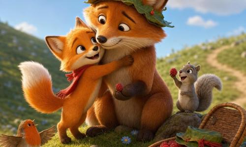 A small red fox (Sunny) with soft shiny fur and bright round eyes, wearing a crumpled red scarf, smiling and hugging his dad with a raised joyful tail; a large brown fox (Papa) with thick warm fur, white whiskers and teary bright eyes, sitting on a grassy hill wearing an improvised leaf crown and holding a berry; a lively gray squirrel to the right holding a red berry and looking at Sunny; a little orange-breasted robin perched on the basket singing with slightly open wings; a surprise Father's Day picnic on a gentle green hill with a wicker basket of bright red berries, a wet-leaf hat and a crumpled red ribbon, a clear blue sky with a winking cloud, and a soft, luminous, tender atmosphere.