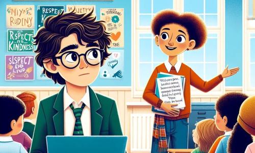 A 12-year-old boy, Matt, with messy black hair and glasses, stands in the center of the image, looking determined yet slightly nervous, with furrowed brows and hands gripping his laptop. To his right, a 12-year-old girl, Zoe, with curly red hair and a big encouraging smile, hands him a paper with positive words written on it. In the background, a bright classroom with light blue walls, posters about respect and kindness, and students sitting at wooden desks, listening attentively. Matt is preparing to share his story about bullying, a glimmer of hope in his eyes, while the other students watch with curiosity and support.