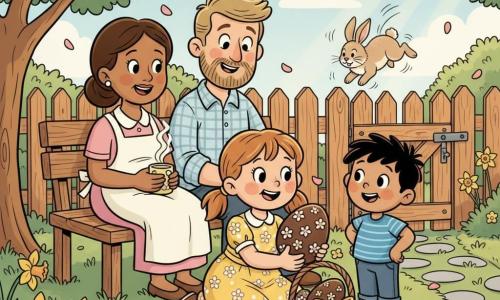 An 8-year-old girl with an amazed smile and light brown pigtails kneels by a small wicker basket tied with a golden ribbon, holding a large chocolate egg decorated with sugar flowers; an 8-year-old boy with short tousled hair in a blue striped tee stands beside her with a hand on his hip; the mother, hair tied and wearing a pastel apron, sits on a bench under an apple tree to the left holding a cup of cocoa, and the father with a light beard in a plaid shirt sits beside her leaning toward the children; a small beige rabbit hops near a wooden fence in the spring garden of thick green grass, daffodils, pink petals falling from the apple tree, a small wooden gate with a latch and a stone path; the main scene shows the girl discovering the magical egg at the gate with sunlight casting golden highlights on the ribbon and the family gathered on the bench in a warm, wonder-filled atmosphere.