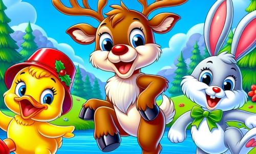 A joyful reindeer with brown fur and majestic antlers stands in the center of the image, wearing a red bucket on its head, laughing with sparkling mischievous eyes. To its right, a bright yellow duck, Daisy, with a small flower pot hat, twirls while quacking happily. On the left, a small white rabbit, Benny, with big ears, wears a blue boot on its head and hops energetically. In the background, a lush green meadow under a bright blue sky, dotted with colorful flowers and a large tree. The animals dance and have fun together, creating a festive and joyful atmosphere.