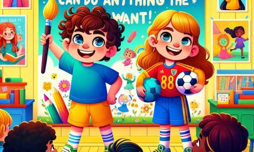 A 6-year-old boy named Tom, with curly brown hair and sparkling eyes, stands in front of a large colorful poster. He is wearing a blue t-shirt and yellow shorts, holding a big paintbrush in his hand. Next to him is his older sister Mia, an 8-year-old girl with long straight hair, wearing a red soccer jersey and sports shoes. She smiles proudly while holding a soccer ball. The scene takes place in a bright classroom with yellow-painted walls and sunlight streaming through the windows. Crayons, books, and colorful posters decorate the room. Tom and Mia are together showing the poster that says, 