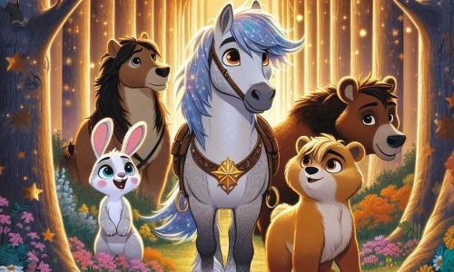 Um magnífico cavalo chamado Estrela, com um pelo brilhante como estrelas e olhos cintilantes de curiosidade, está no centro da cena, exibindo uma expressão de admiração e determinação. Ao seu lado, Lila, uma coelhinha elegante com grandes orelhas e pelo macio, salta alegremente, pronta para ajudá-lo em sua missão. Bruno, um urso robusto com pelo marrom e um sorriso amigável, está um pouco atrás, observando com orgulho, enquanto Mel, uma raposa astuta com pelagem laranja vibrante, se inclina para frente, examinando atentamente o caminho a seguir. O cenário é uma floresta encantada, onde grandes árvores de troncos retorcidos se erguem majestosas, suas folhas brilham com uma luz dourada, e flores coloridas enfeitam o chão, criando uma atmosfera mágica. A situação principal mostra Estrela e seus amigos descobrindo a Pedra da Harmonia, que brilha no centro de uma clareira iluminada, simbolizando sua coragem e amizade nessa aventura cativante.