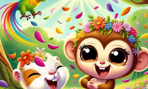 Um macaco alegre chamado Lili, com pelagem castanho claro e grandes olhos brilhantes, está pulando em um monte de flores coloridas, rindo enquanto pétalas voam ao seu redor. Ao lado dela, um porquinho-da-índia travesso chamado Tico, com pelos brancos e marrons, está sentado em um canto, rindo alto enquanto tenta se livrar de algumas flores presas em suas orelhas. Um papagaio vibrante com penas multicoloridas, Zico, voa acima deles, com um sorriso travesso, pronto para fazer uma acrobacia. A cena acontece em uma clareira ensolarada da floresta encantada, cercada por árvores majestosas com folhas verdes brilhantes e raios de sol filtrando pelas ramas. Lili, Tico e Zico se divertem juntos, criando um momento de alegria e camaradagem enquanto se envolvem em uma competição amigável e hilária.