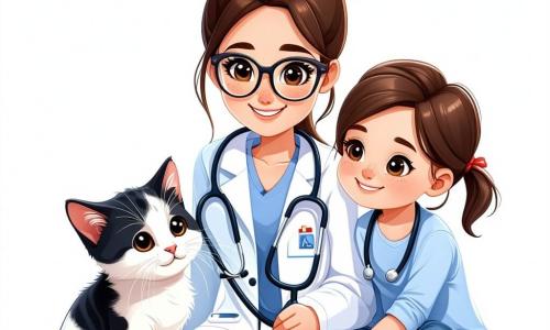 Una giovane veterinaria, Anna, è al centro dell'immagine, sorridente e dolce. Indossa un camice bianco, ha i capelli castani raccolti in un chignon e occhiali rotondi. Sta ascoltando il cuore di un gattino bianco con macchie nere, Leo, usando uno stetoscopio. Accanto a lei c'è Sara, una bambina di 8 anni, con capelli biondi e trecce. Guarda con meraviglia, gli occhi brillanti, mentre accarezza dolcemente Leo sulla tavola. La scena si svolge in una clinica veterinaria luminosa e accogliente, con pareti dipinte di verde pastello, manifesti di animali e giocattoli per animali sparsi sul pavimento. Una grande finestra lascia entrare la luce del sole, illuminando la stanza. Anna e Sara si prendono cura di Leo, creando un momento di complicità e benevolenza, dove l'amore per gli animali e l'apprendimento si intrecciano.