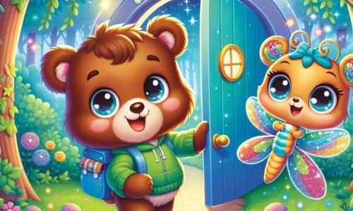 An illustration features a small brown bear with sparkling curious eyes and a wide smile. It wears a colorful backpack and stands excitedly in front of a round blue door, surrounded by shimmering ivy, ready to open it. Next to the bear, a small dragonfly with bright, rainbow-like wings flies joyfully, encouraging the bear to enter with its friendly face and sparkling eyes. The main setting is a magical park bathed in soft light, with shimmering leaves and vibrant flowers dancing in the wind, creating a dreamlike and adventurous atmosphere. The scene depicts the bear and the dragonfly preparing to cross the mysterious door, symbolizing the start of their adventure in a fantastical world. Additional elements include twinkling stars in the sky, brightly colored flowers around the door, and a light magical mist enveloping the ground, adding a touch of mystery to the illustration.