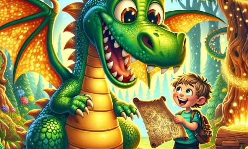 Un dragon cu solzi verzi strălucitori, cu ochi mari și răutăcioși, se află în centrul scenei, râzând din toată inima. Aripile sale sunt desfăcute, lăsând să iasă scântei aurii, iar în ghearele sale ține o mare hartă a comorii. Lângă el, Gigel Glumețul, un băiat de 8 ani cu părul zbârlit și un zâmbet jucăuș, poartă ciorapi colorați cu clopoței și privește dragonul cu uimire. În fundal, pădurea este plină de copaci cu trunchiuri răsucite, frunzele lor strălucesc ca niște confetti sub soare, iar flori multicolore dansează în ritmul vântului. Situația principală îl arată pe dragon și pe Gigel râzând împreună, dragonul punând o ghicitoare amuzantă, în timp ce Gigel încearcă să nu izbucnească în râs, creând o atmosferă veselă și jucăușă.