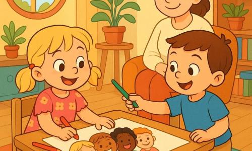 Lotte, 4 jaar, blonde met twee staartjes, glimlachend en geconcentreerd, zit aan een houten tafeltje en tekent op een groot wit vel met kleurpotloden; Sam, ongeveer 5 jaar, bruin haar, enthousiast, staat naast haar en reikt een groen potlood aan terwijl hij blij naar de tekening kijkt; hun moeder (30–35 jaar), châtain haar in een knot en een crème trui, zit achter hen in een stoel en kijkt liefdevol toe; gezellige, lichte woonkamer met kleurrijk tapijt, boekenplank, ronde raam en planten; Lotte tekent een grote afbeelding van verschillende gelukkige mensen, Sam voegt een figuur toe, iedereen lacht — vrolijke scène, heldere kleuren, eenvoudige ronde vormen.